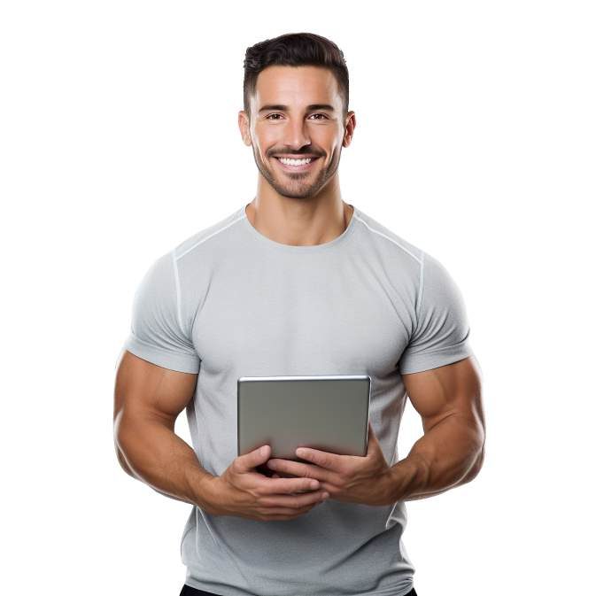 Smiling male personal trainer holding a digital tablet for tracking custom workouts and fitness goals.